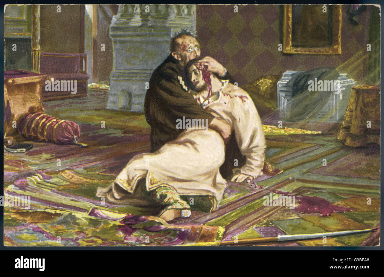 Ivan IV Vasilyevich, noto come 'Il terribile", stringe la testa sanguinante di suo figlio Ivan, il quale ha ucciso in un accesso di collera. Data: 16 Novembre 1581 Foto Stock