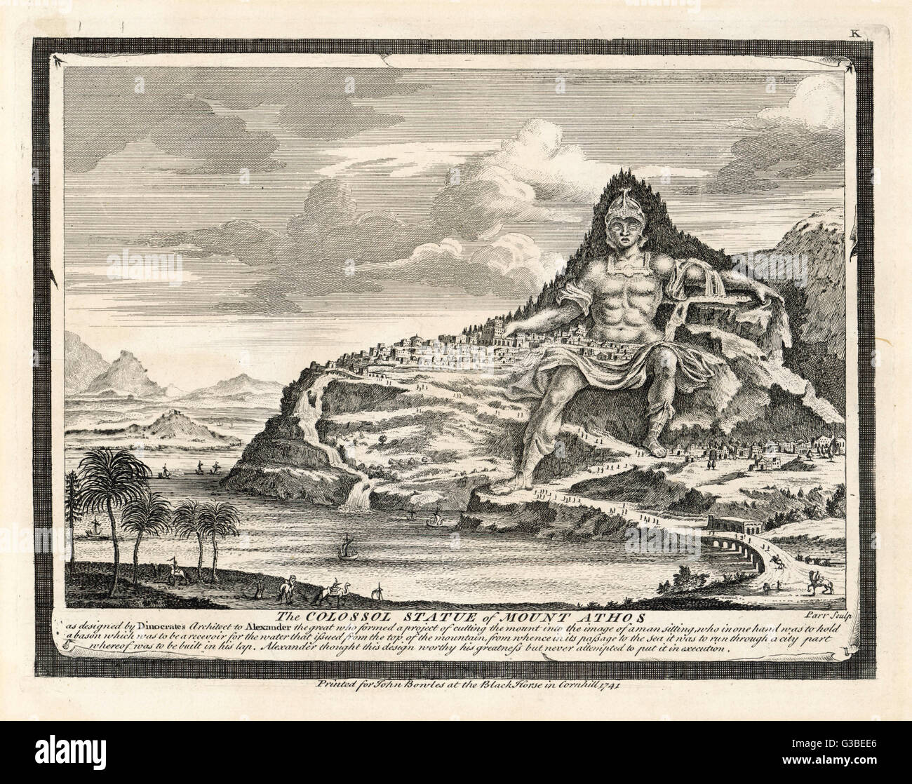 L'architetto macedone DINOCRATES (morto 278 a.e.v.) propone questo sviluppo per il Monte Athos, in cui una statua colossale di Alessandro abbraccia una città intera. Data: 280 a.e.v. Foto Stock