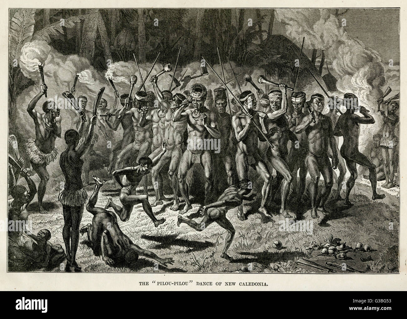 Il 'Pilou-Pilou' notturno di danza eseguita da fiaccole dai maschi della tribù. Data: nel 1860 circa Foto Stock