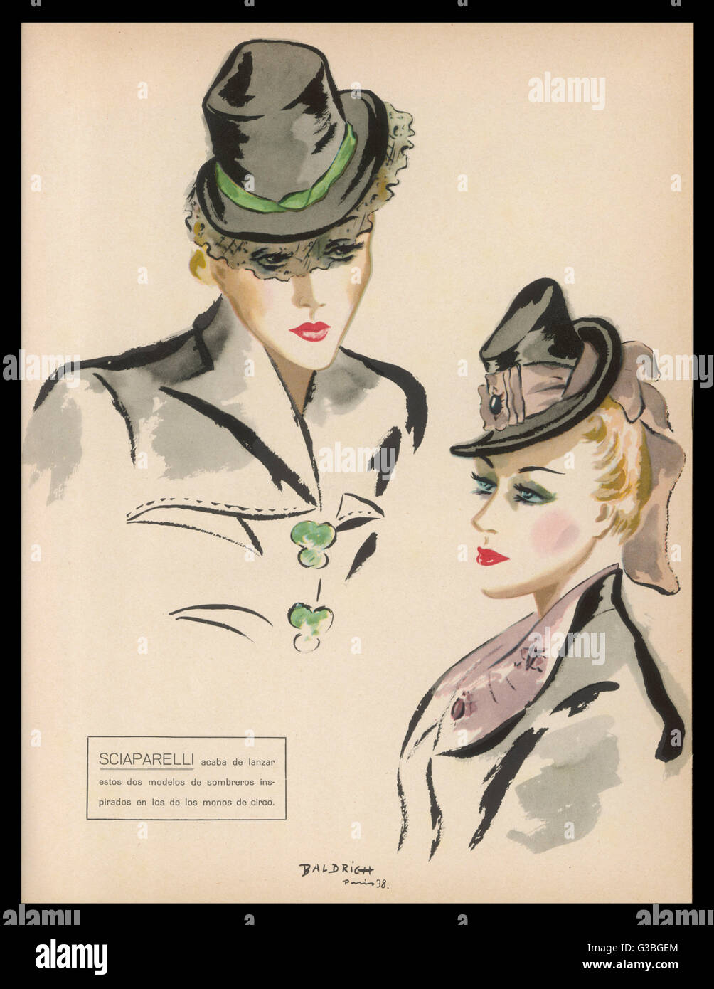 Due hat progetta dall'eccentrico ed inventivo di Elsa Schiaparelli (Sciaparelli). Uno ha un grande cappello rosa-band, l'altra un corto velo nero. Data: 1938 Foto Stock