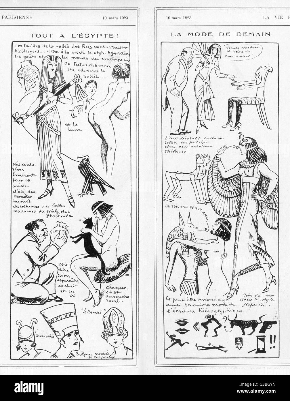 Un fumetto guarda l'influenza di tutte le cose egiziano, specialmente sulla moda femminile, scatenato dall'interesse a Tutankhamon &AMP; la sua tomba. Data: 1923 Foto Stock