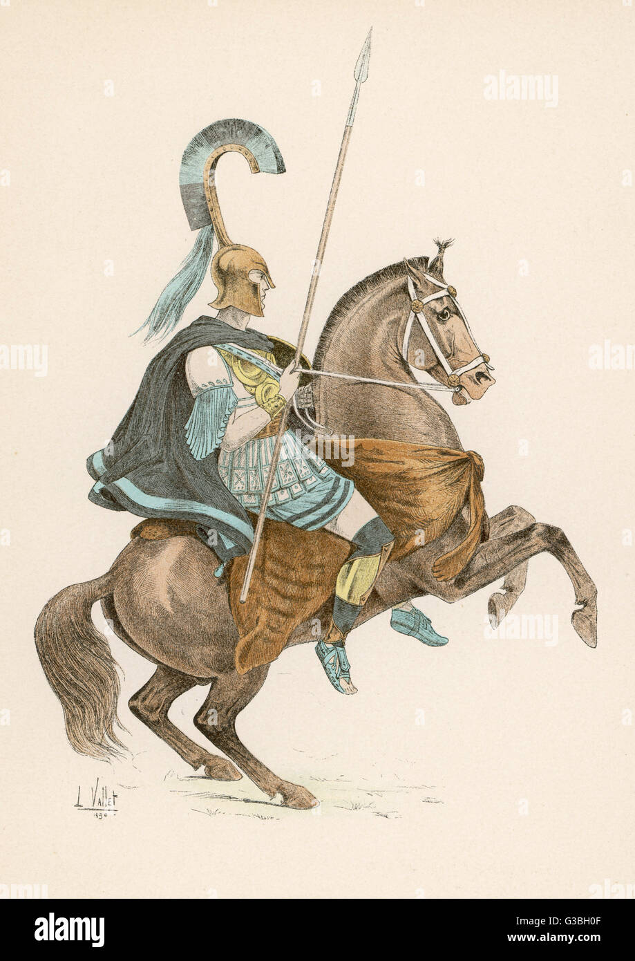 Un cavallo-guerriero della Grecia antica, utilizzando un animale-pelle come sella, e senza staffe. Data: circa 350 A.C. Foto Stock