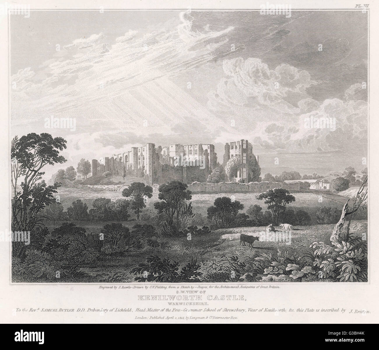 Una veduta distante dal sud-ovest delle rovine del Castello di Kenilworth, Warwickshire, i cui proprietari incluso Simon de Montfort e Giovanni di Gaunt. Data: 1814 Foto Stock