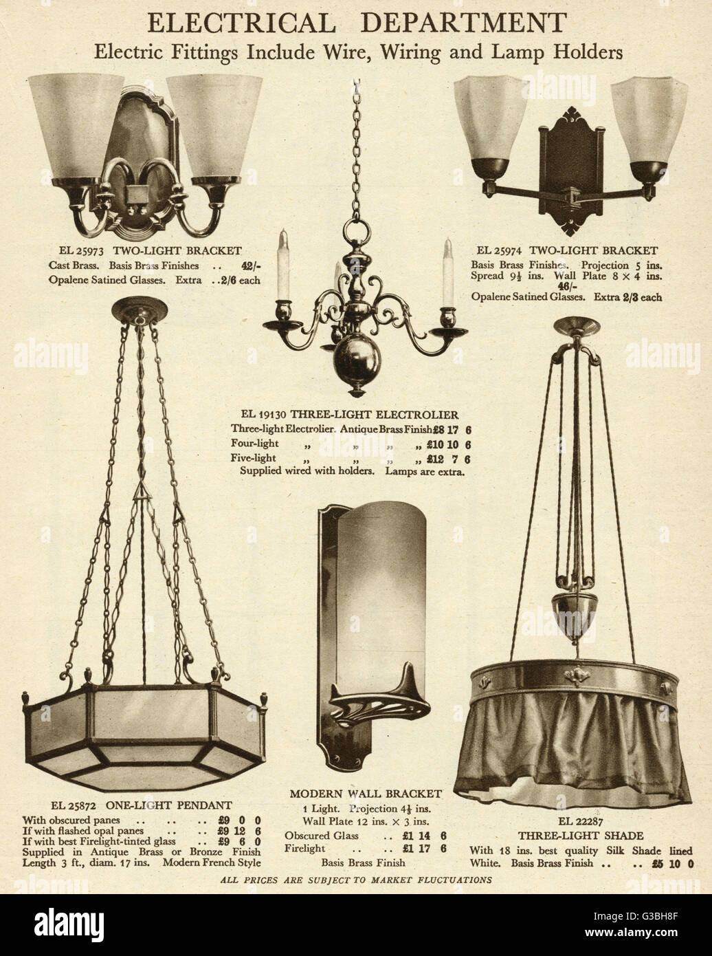 Lampada a sospensione elettrica a soffitto e a staffa 1929 Foto Stock