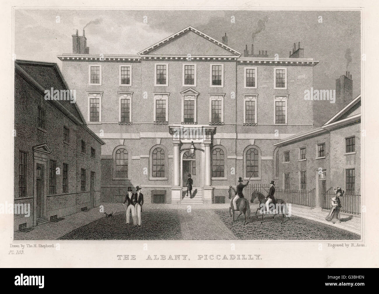 L'ex-Albany House, vicino a Piccadilly, viene convertita in 69 camere originariamente significava per scapoli : i residenti hanno incluso Aldous Huxley, Edith Evans e di Graham Greene. Data: 1828 Foto Stock