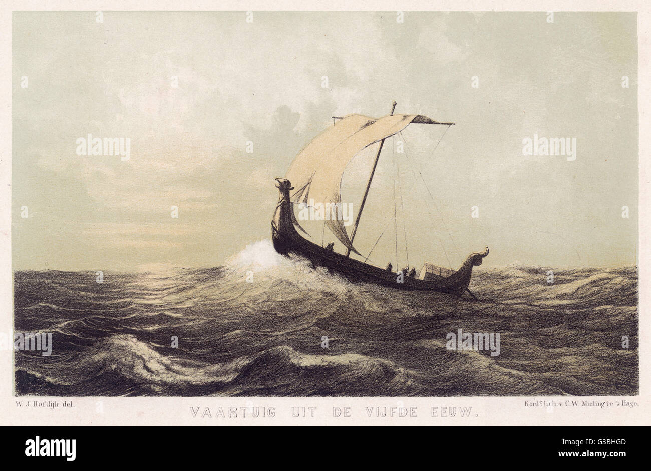 Di una nave vichinga capi in mare aperto, la sua vela rimborso fuori prima di una favorendo il vento. Data: 8TH e 9th secoli Foto Stock