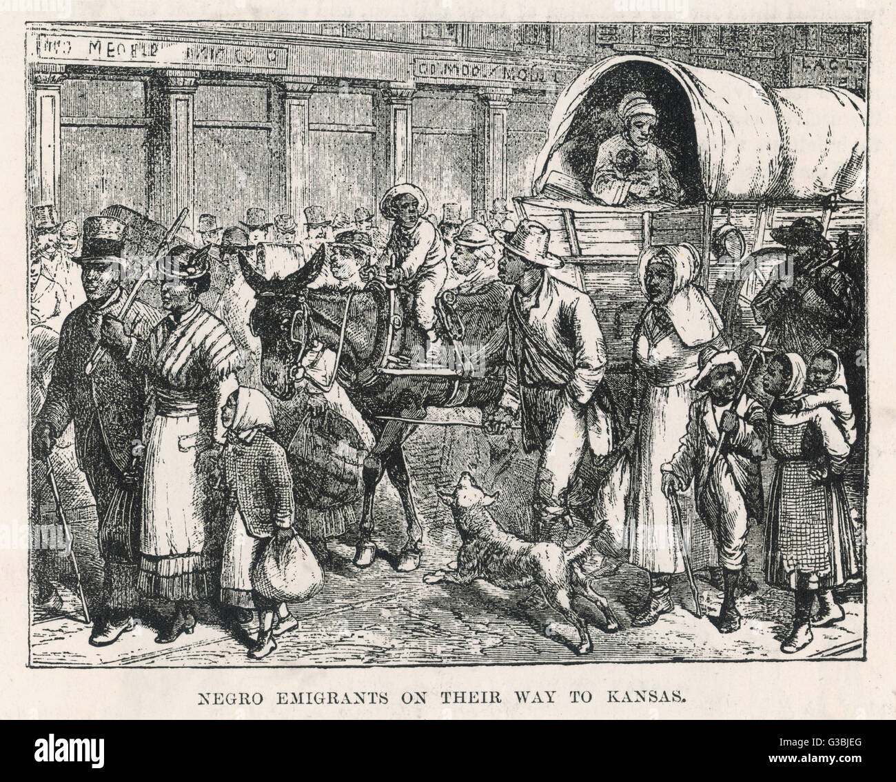 Durante la ricostruzione di molti schiavi liberati spostato a ovest di cercare di evitare di persecuzione e di iniziare una nuova vita.Questa immagine mostra americani Africani di emigrare in Kansas. Data: 1882 Foto Stock