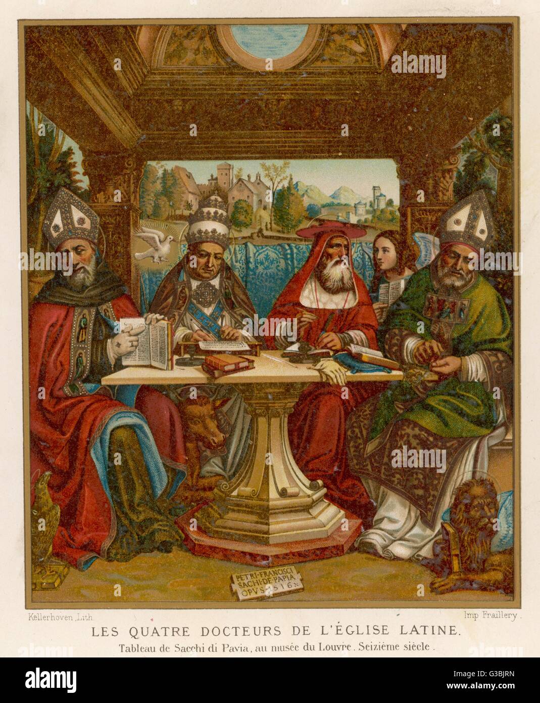 I quattro dottori della Chiesa Cattolica: Agostino, Gregorio, Girolamo e Ambrogio, seduti a un tavolo con i loro libri. Data: XVI secolo Foto Stock