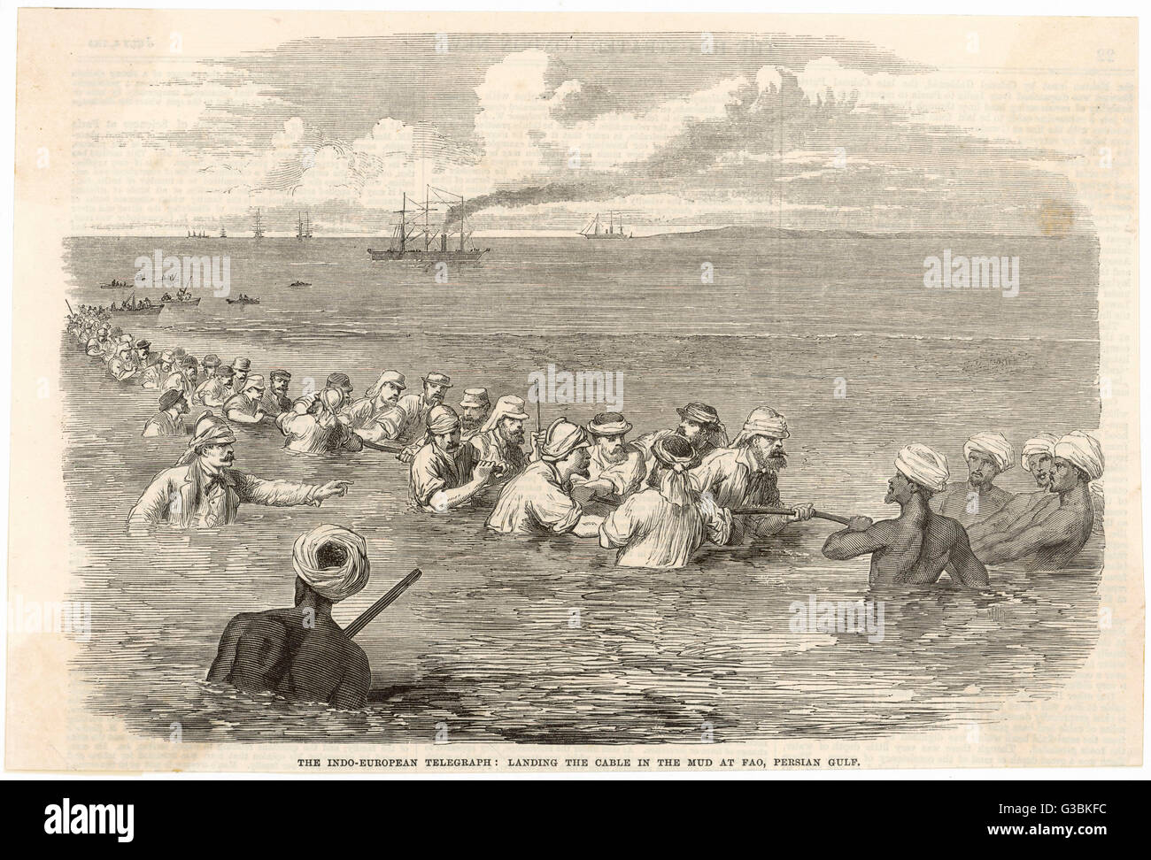 Il telegrafo indoeuropeo : lo sbarco il cavo nel fango presso la Fao, nel Golfo Persico. Data: 1865 Foto Stock
