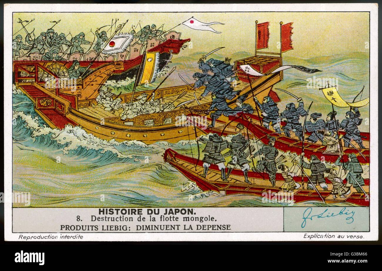 I mongoli sotto Kublai Khan, cercano di conquistare il Giappone ma la loro flotta di invasione è devastato da tempeste e il giapponese terminare qualsiasi delle navi che sono in grado di sopravvivere. Data: 1281 Foto Stock