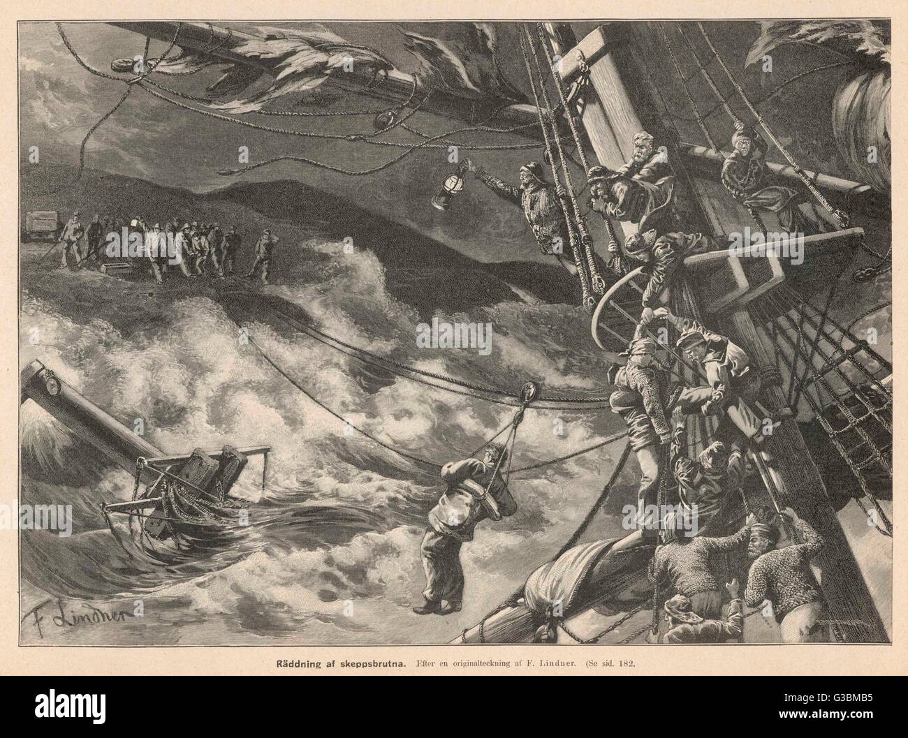 L'equipaggio di una nave a vela che ha distrutto su una costa rocciosa sono portati alla terraferma da una boa calzoncini espulso tra la nave e la spiaggia dove i soccorritori attendere. Data: 1899 Foto Stock