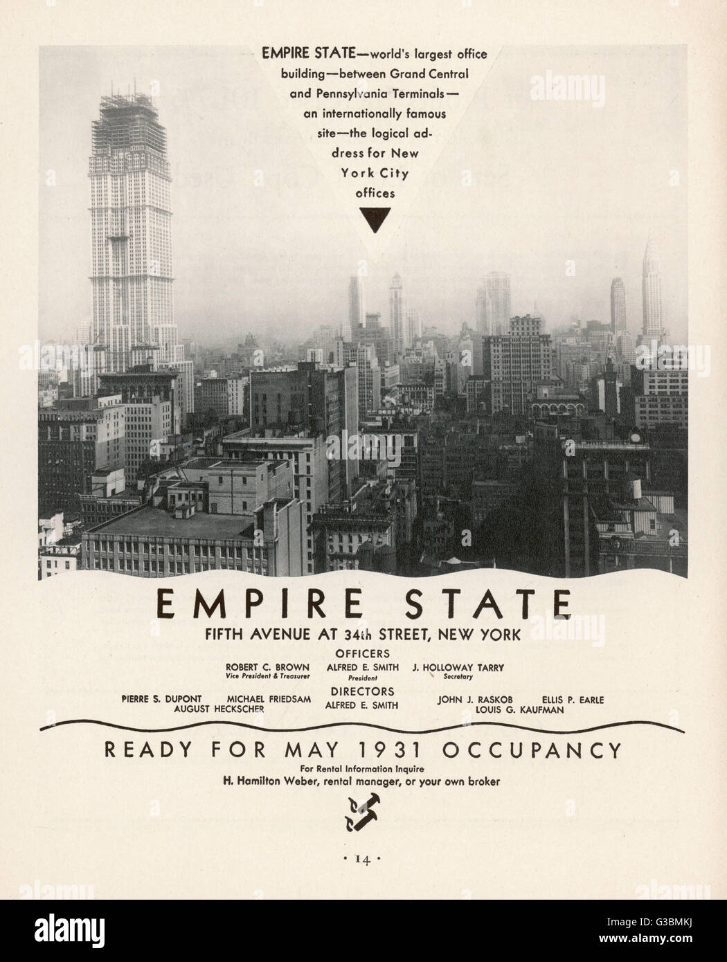 La costruzione è iniziata il 17 marzo 1930 e l'edificio è salito a essere i mondi più grande edificio di uffici del tempo. Qui lo spazio di ufficio è pubblicizzato. Data: 1930 Foto Stock