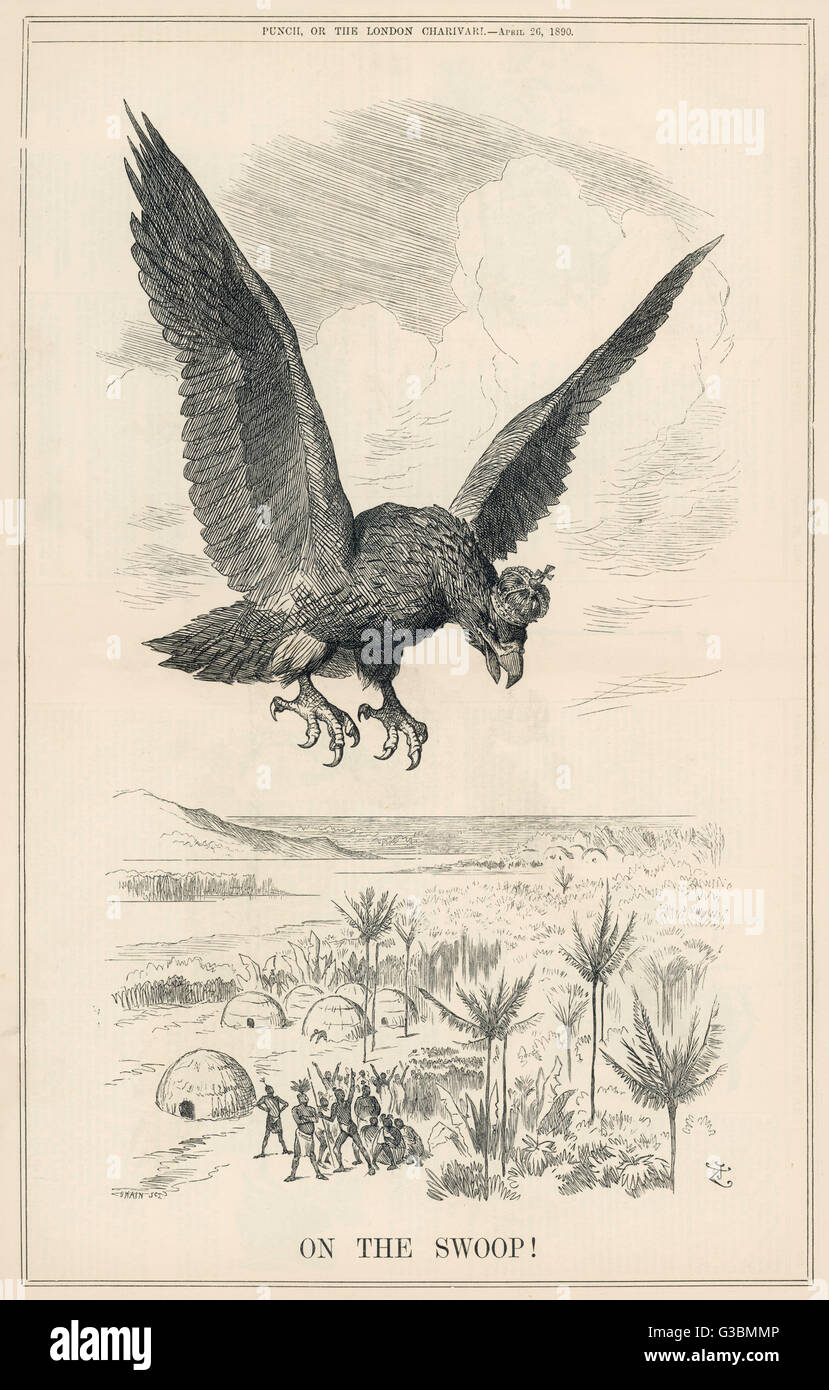 "In picchiata!' imperiali tedeschi eagle piomba minacciosamente su nativi del Congo cercando di rubare la loro terra data: 1890 Foto Stock