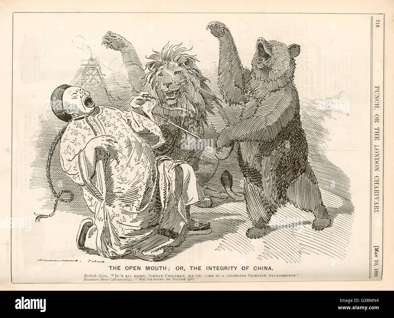 La bocca aperta : o l integrità della Cina. La British Lion e l'orso russo tenta di mettere le mani su una paura Johnny Chinaman. Data: maggio 1899 Foto Stock