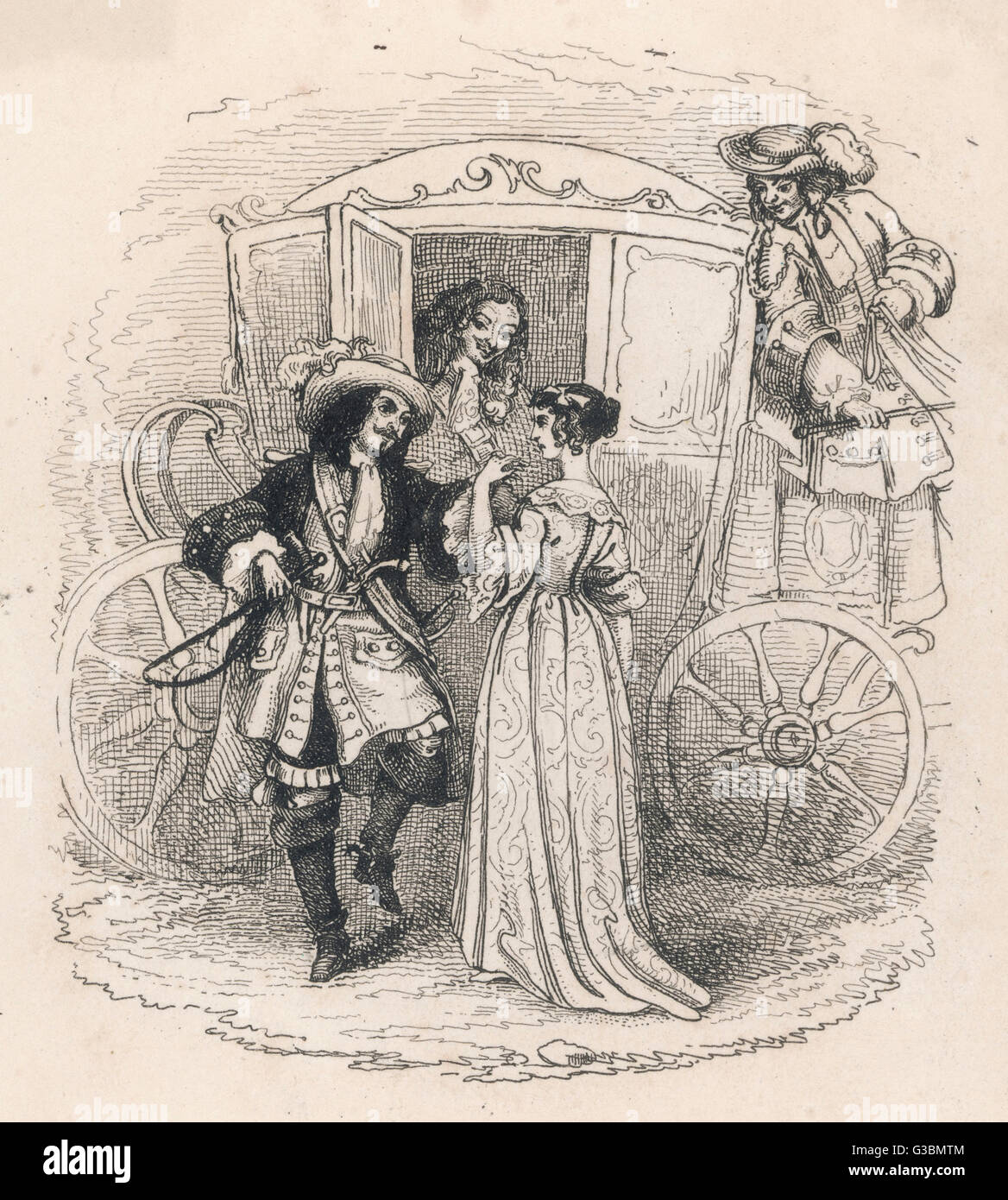 Francese-nato highwayman britannico Claude Duval arresta un carro trasporta un gentiluomo e la sua signora, ai quali Duval è il più coraggioso data: 1643 - 1670 Foto Stock