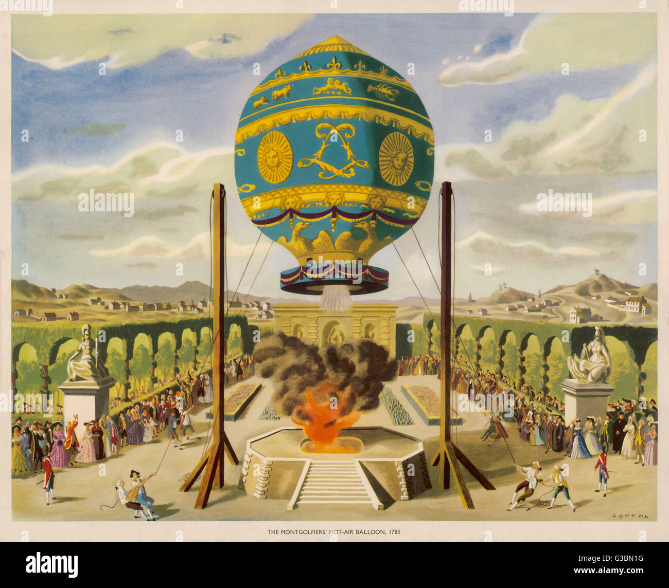 Intrepidi pionieri PILATRE de Rozier e il marchese d'Arlandes rendono il successo del primo volo abitato in un palloncino Montgolfier (aria calda) a Parigi. Data: 21 Novembre 1783 Foto Stock