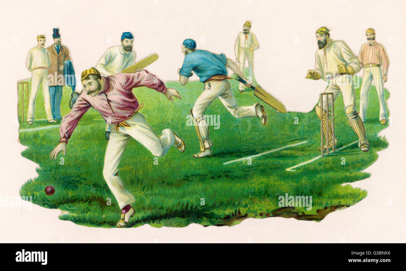 Una partita di cricket in corso. Il battitore ha ritagliato piazza la palla e a essere finemente- shirted e facially hirsute fielder dà chase Data: tardo XIX secolo Foto Stock