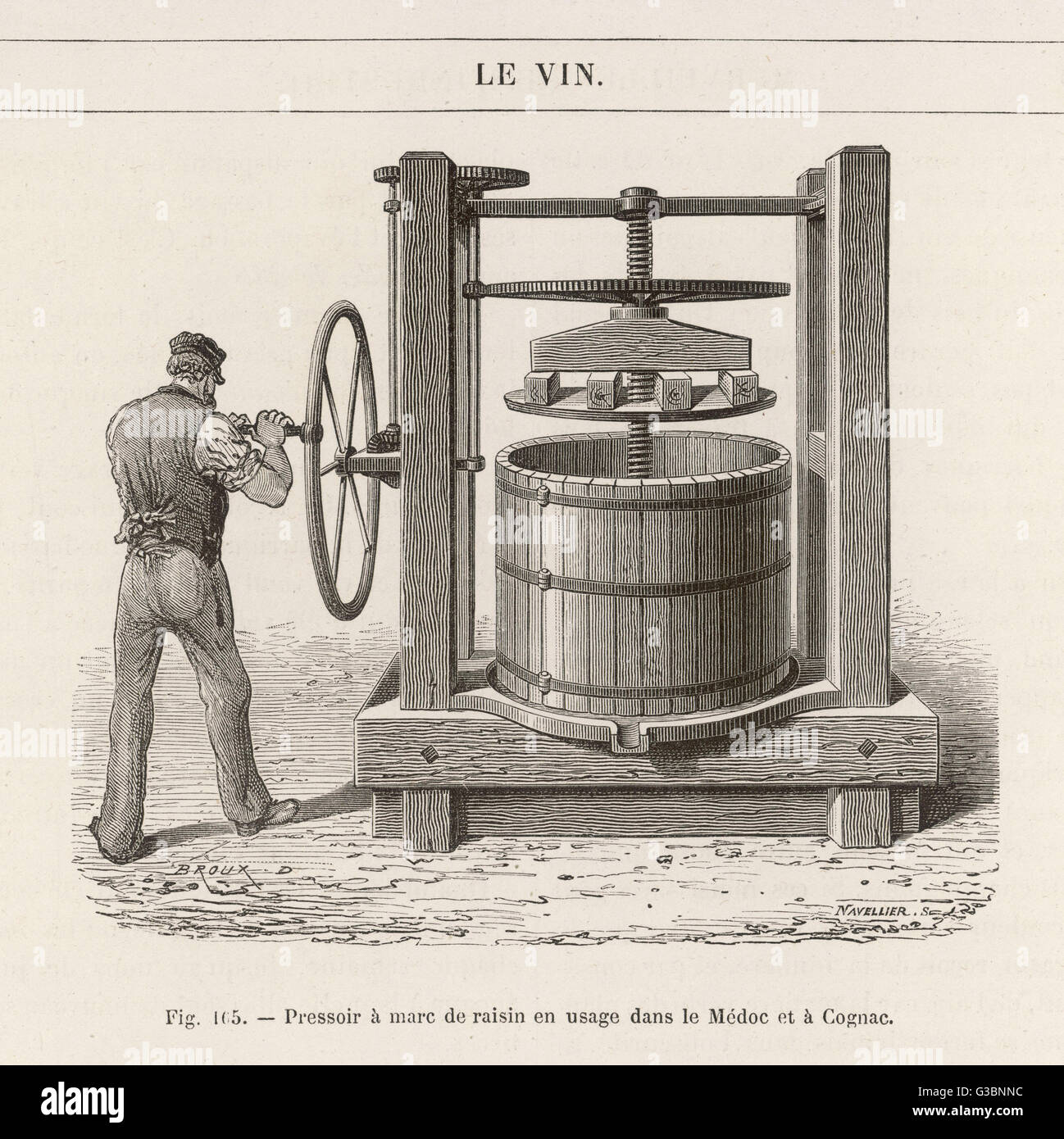 Tipo di uva premere in uso in Cognac e dintorni, Francia per estrarre il succo. Qui un uomo deve girare una ruota a mano che tramite un sistema di ruote dentate porta la premere verso il basso. Data: 1870s Foto Stock