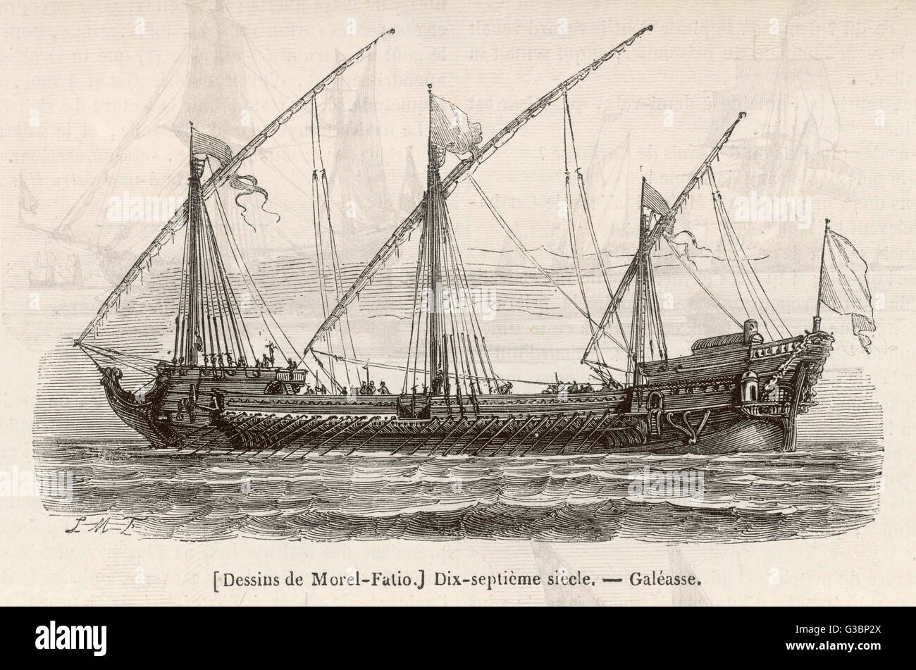 Un diciassettesimo secolo nave che offre entrambe le vele e remi. Data: xvii secolo Foto Stock