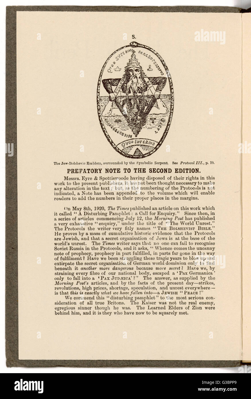 " Protocolli di imparato Savi di Sion" nota introduttiva che mostra la ' Jew-Bolshevic emblema ' data: 1920 Foto Stock