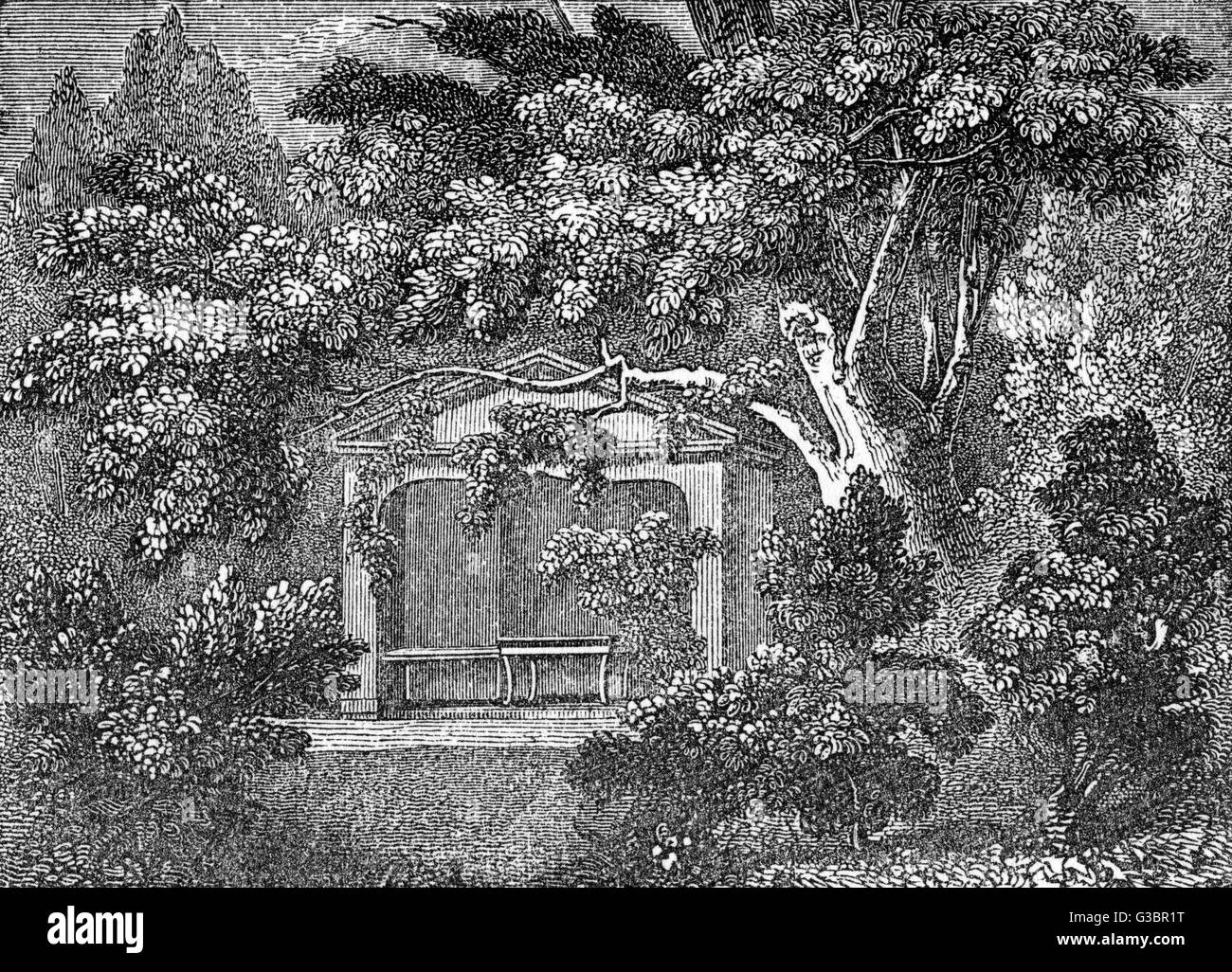 Il pergolato o alcova nel giardino del cottage in Kew (o Kew-piede) Lane, vicino a Richmond, Surrey, dove il poeta James Thomson era oft- volte visitato da la sua musa. Data: XVIII secolo Foto Stock