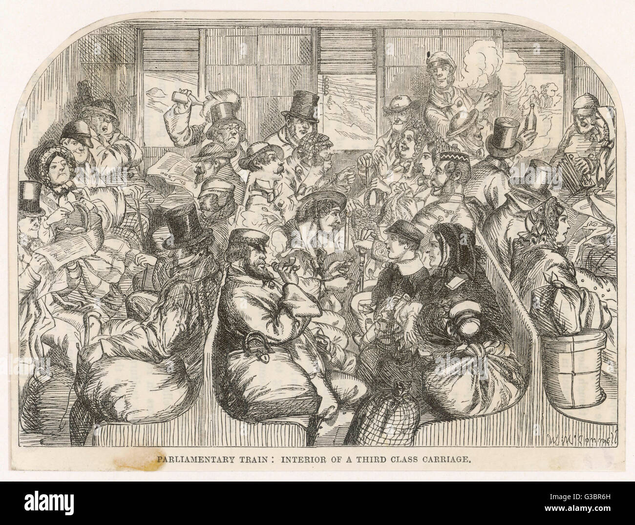 Un "parlamentare treno'. L'interno di un pranzo terza classe carrello data: 1857 Foto Stock