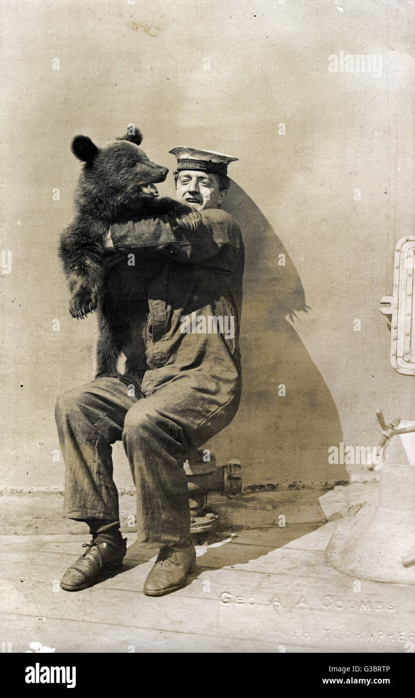 Bruno Orso, mascotte di HMS Marlborough, British Duca di ferro corazzata di classe. Visto qui con un marinaio. Data: circa 1914 Foto Stock