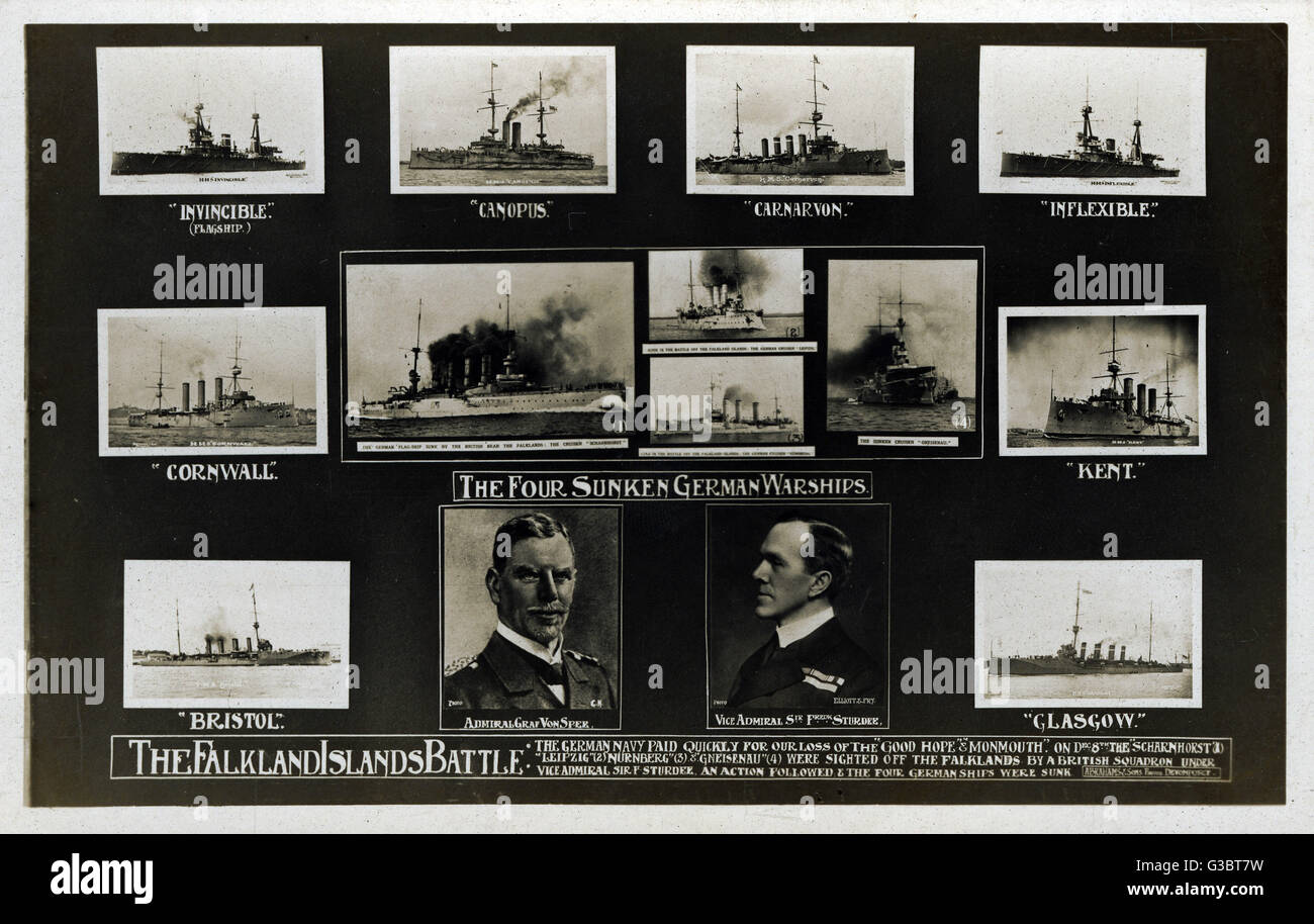 Scheda commemorativa della battaglia navale delle Isole Falkland, WW1 Foto Stock