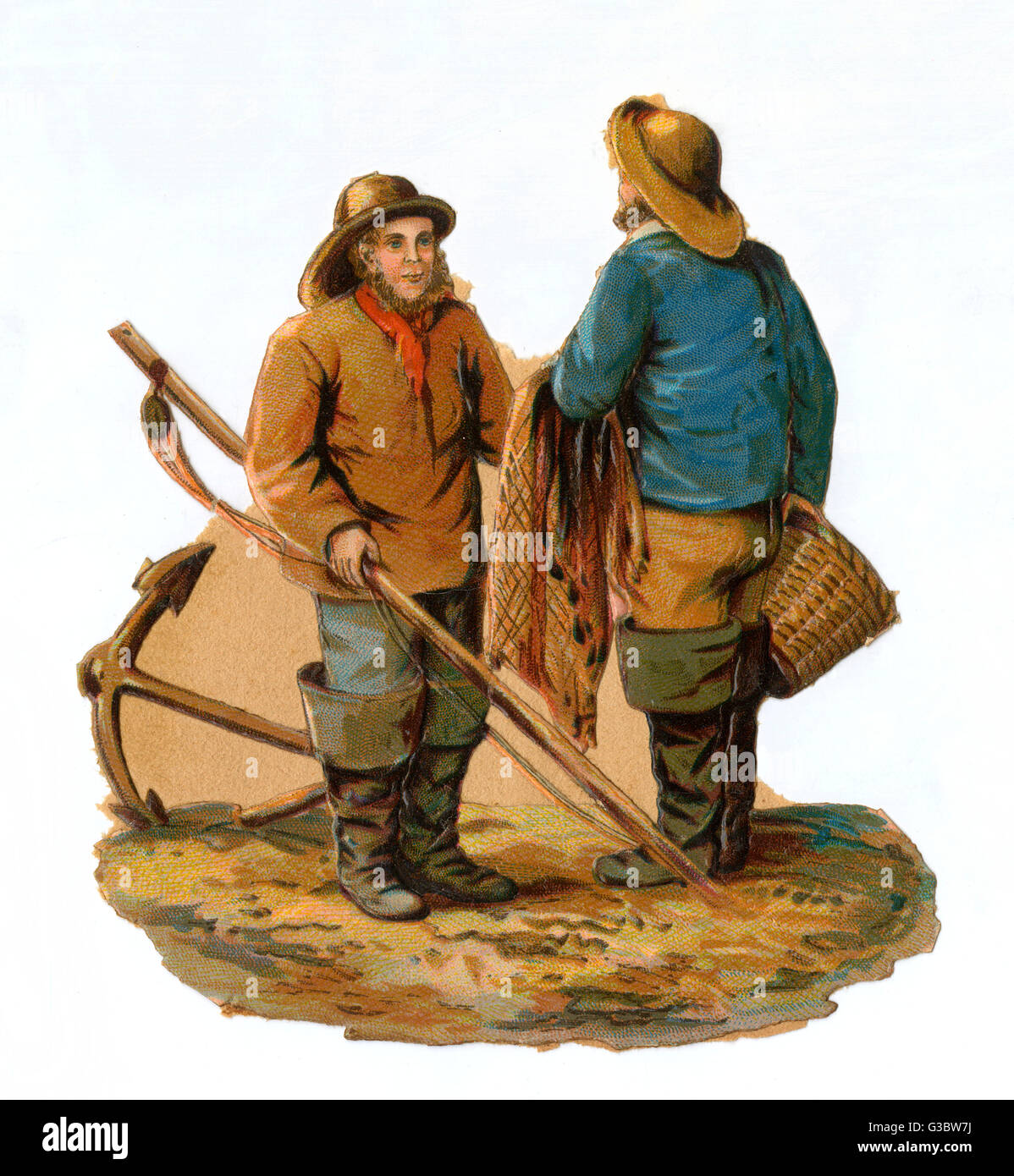 Due pescatori con reti, basket, asta e ancoraggio. Data: c.1890s Foto Stock