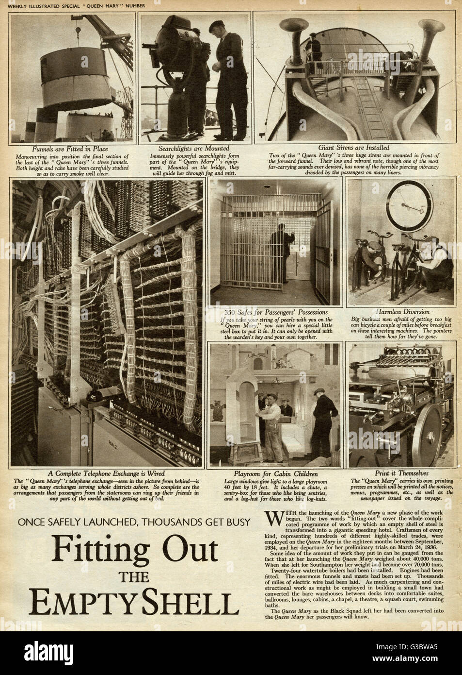 Con il lancio della "Queen Mary' Ocean Liner in una nuova fase di lavoro è iniziato. Diciotto mesi tra settembre 1934 e la sua partenza per le prove preliminari del 24 marzo 1936, due parole "allestimento" di coprire tutta la complessità del programma di w Foto Stock