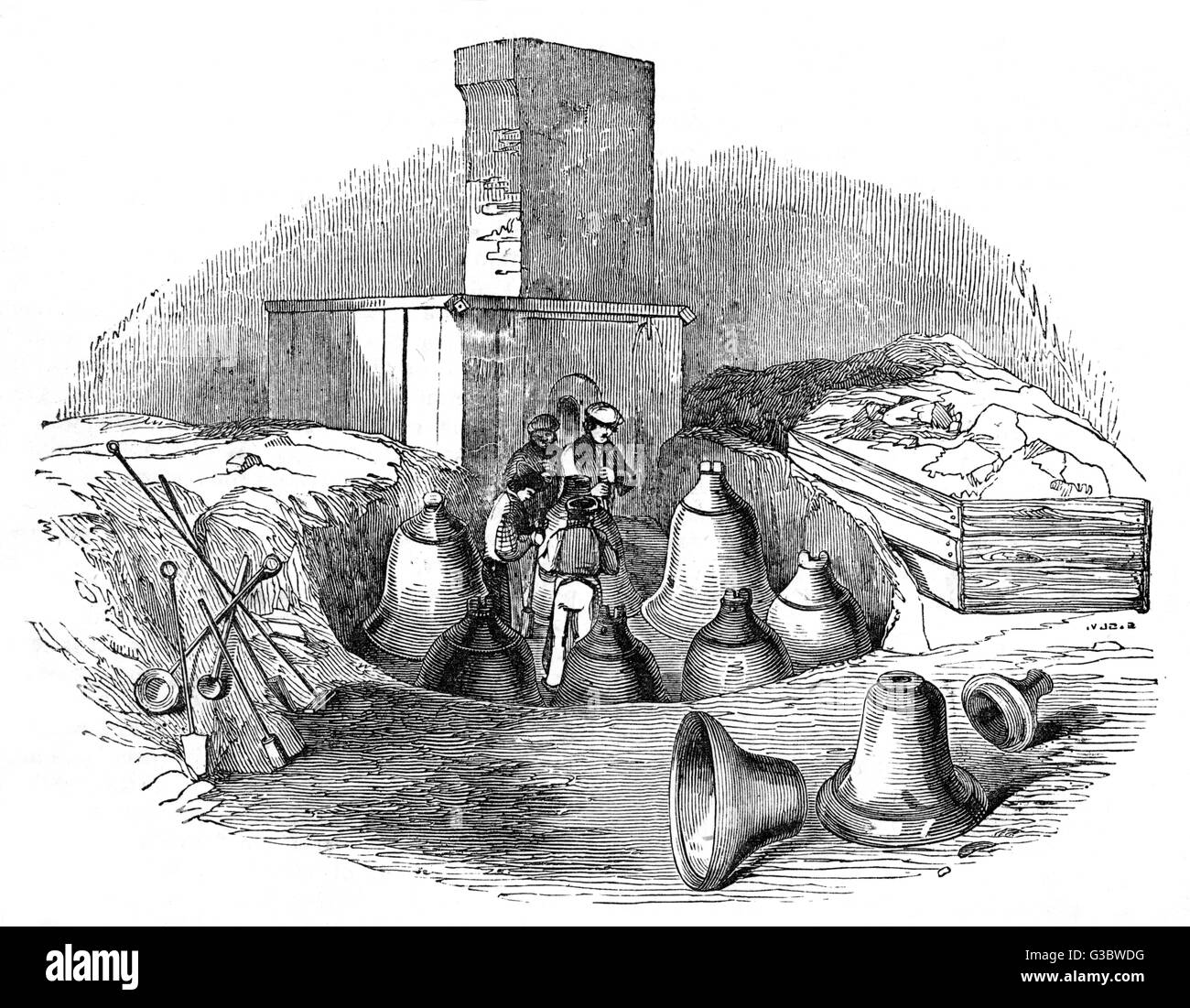 Un casting-pit di una fonderia di campane, c. 1830. Data: c. 1830 Foto Stock