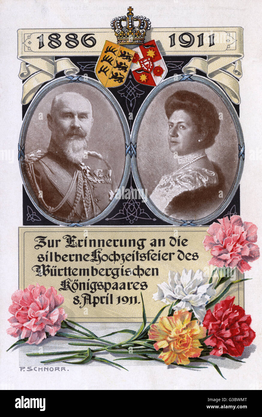 Guglielmo II (1848-1921) - il quarto re di Wurttemberg, In carica dal 6 ottobre 1891 fino alla soppressione del regno il 30 novembre 1918. Nella foto a fianco della sua seconda moglie la Principessa Charlotte di Schaumburg-Lippe (18641946) su una scheda di commemorazione Foto Stock