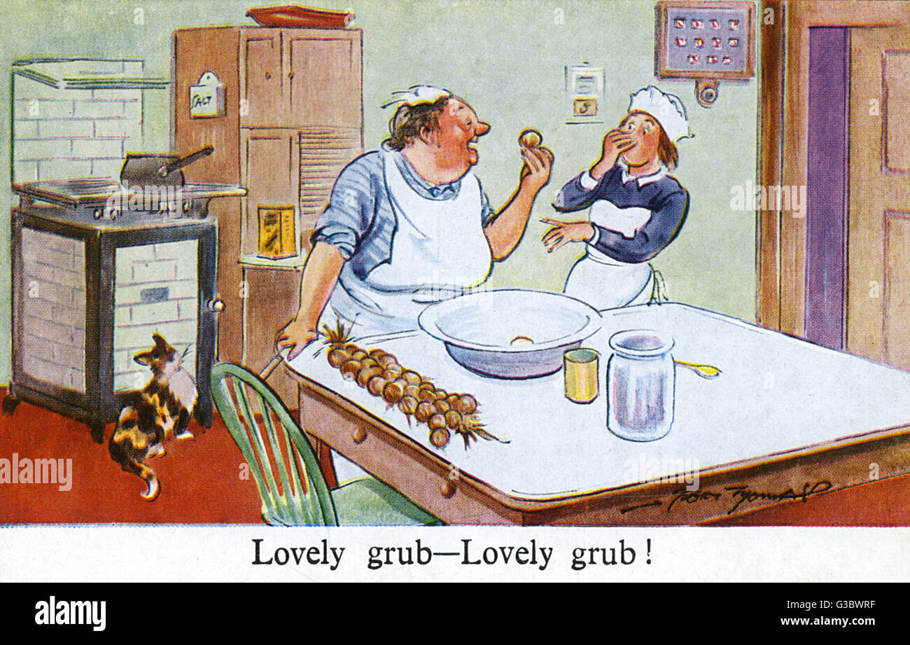 La giovane cameriera di Kitchenmaid ha scioccato dall'odore dell'aglio marrone Foto Stock