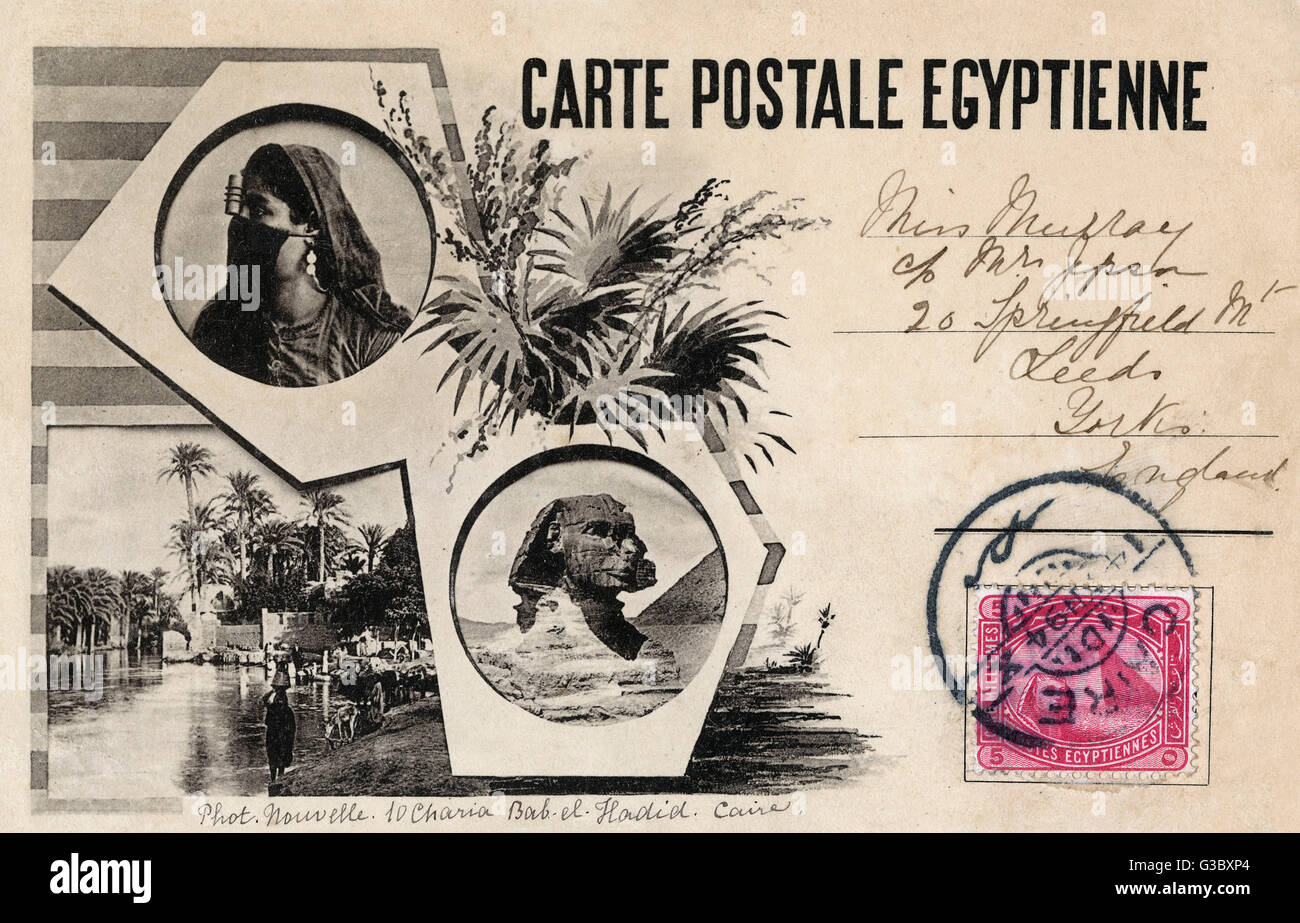 Cartolina ricordo egiziana - Sphinx, Oasi e Donna Foto Stock