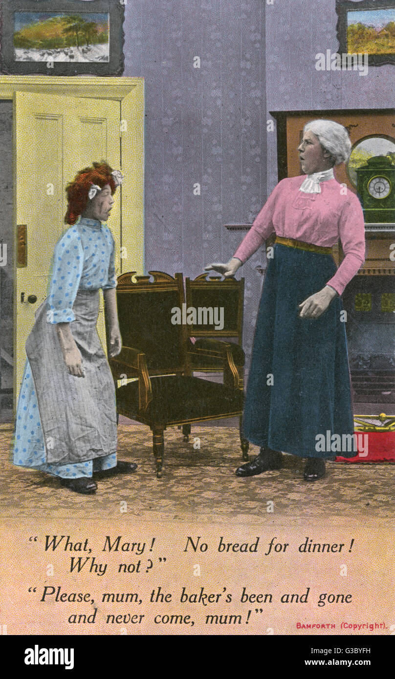 Dishevelled Maid cerca di spiegare la mancanza di pane a Mistress Foto Stock