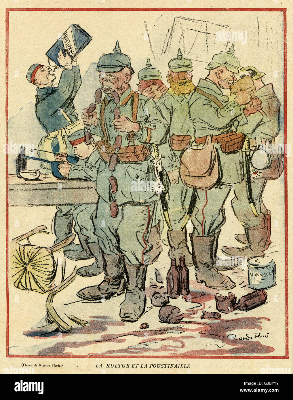 Cartone animato, soldati tedeschi che mangiano e bevono, WW1 Foto Stock