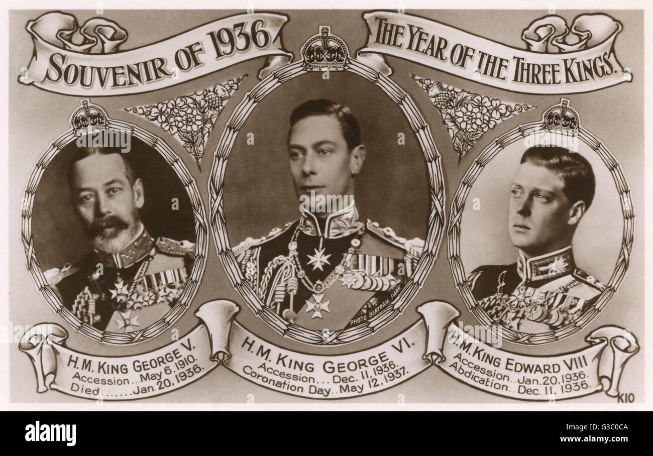 L'anno di tre re britannico nel 1936 - Re Giorgio V (1865-1936), re Edward VIII (1894-1972) e infine il re George VI (1895-1952). Data: 1936 Foto Stock