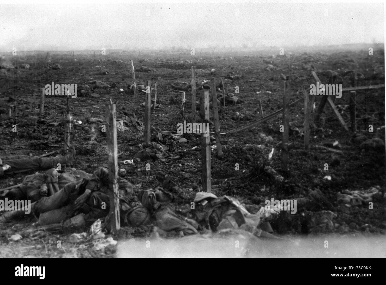 Cadaveri giacciono sparsi in terra di nessuno, seguendo l'offensiva britannica a Neuve Chapelle, Francia, marzo 1915. Data: Marzo 1915 Foto Stock