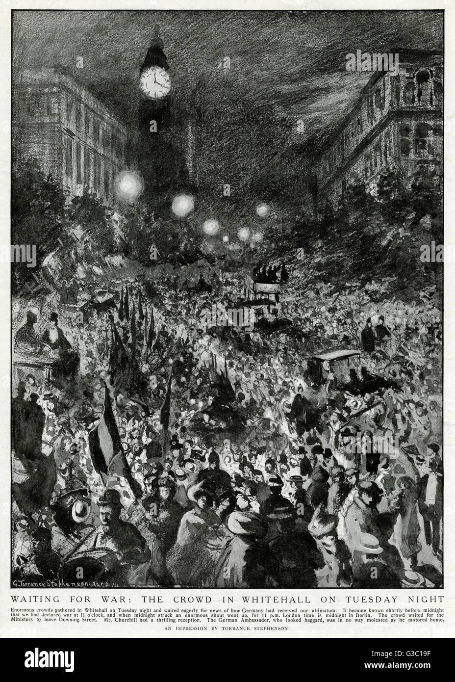Folla a Whitehall, Londra, scoppio del WW1 Foto Stock