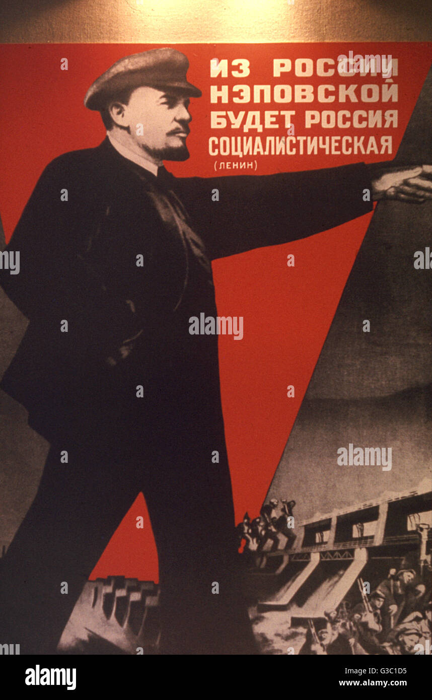 Poster russo sovietico, Lenin e operai di fabbrica Foto Stock