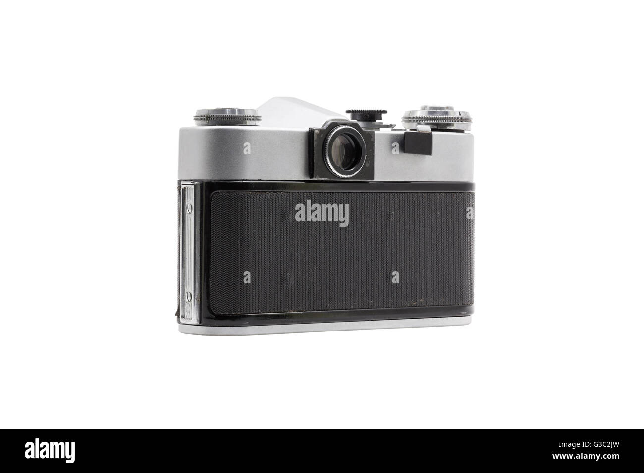 Retrò film sovietico telecamera isolata su sfondo bianco. Sovietica fotocamera reflex. Vista laterale posteriore Foto Stock