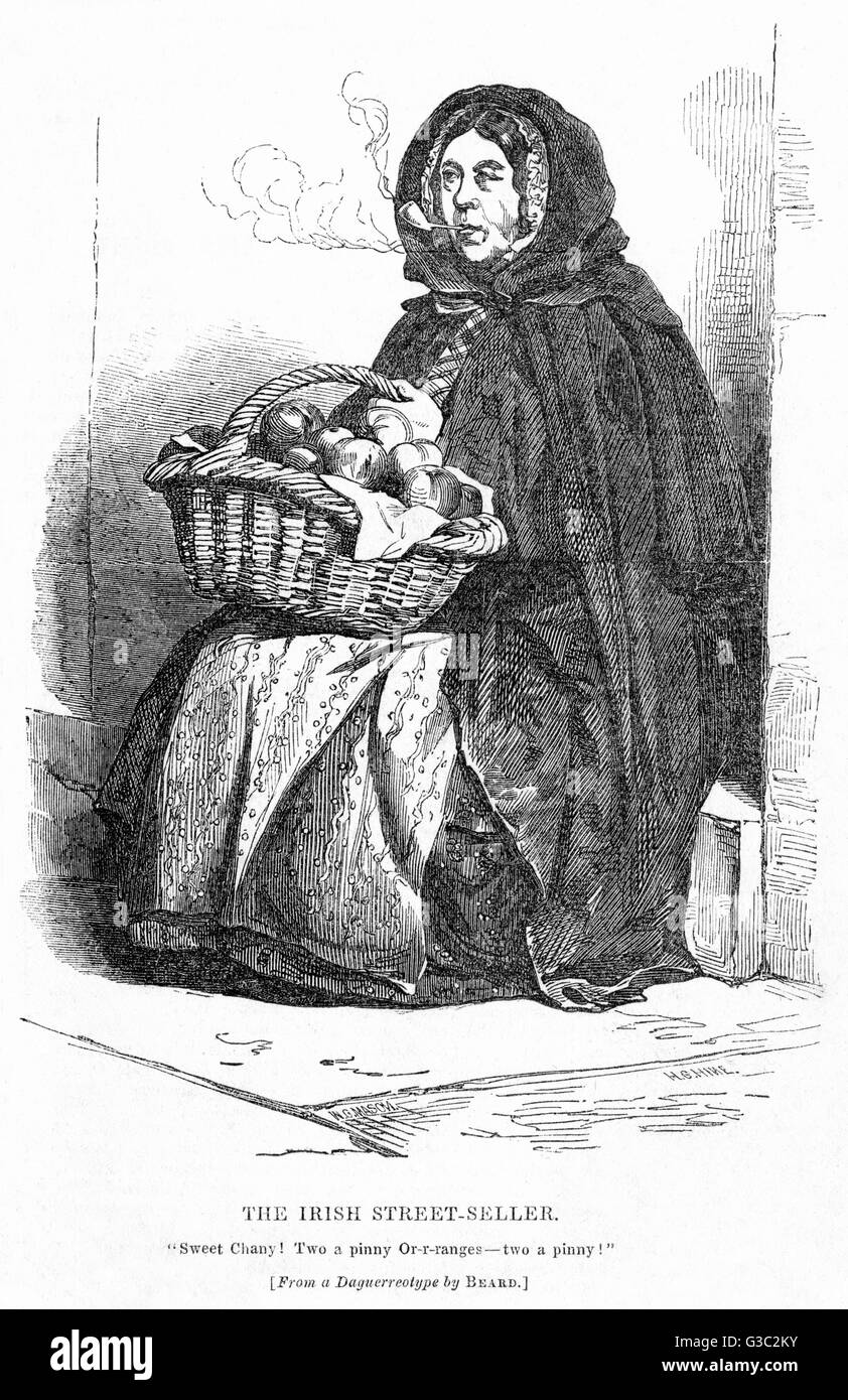 Il venditore di strada irlandese: Arance in vendita a Londra, circa 1850 Foto Stock
