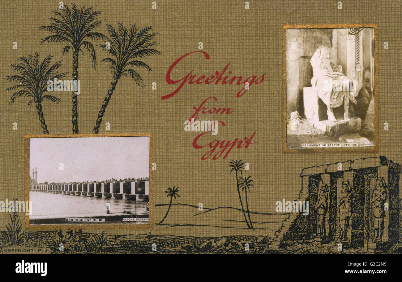 Saluti dall'Egitto - Diga sul Nilo e Statua greca Foto Stock
