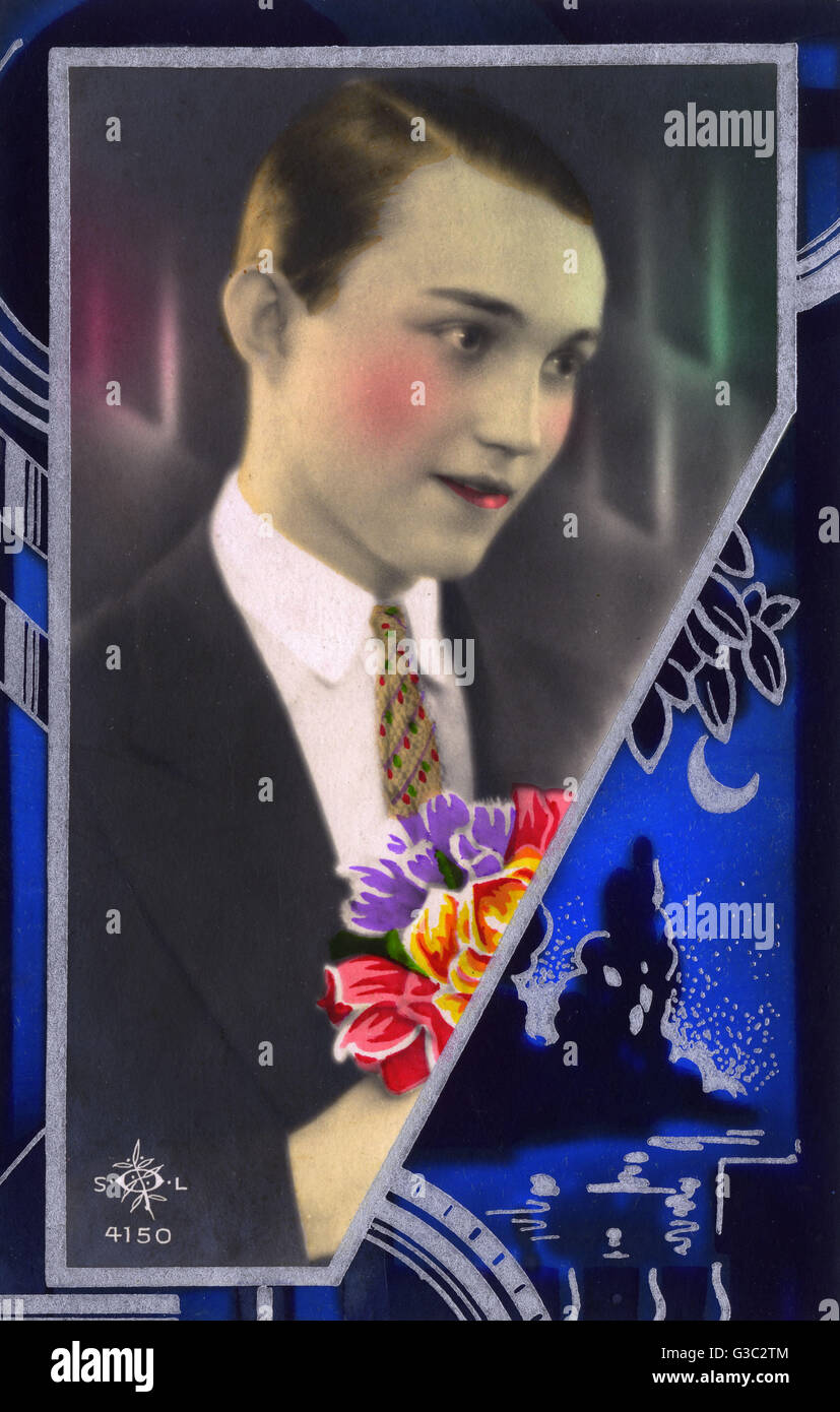 Cartolina italiana kitsch - giovane uomo con bouquet floreale Foto Stock