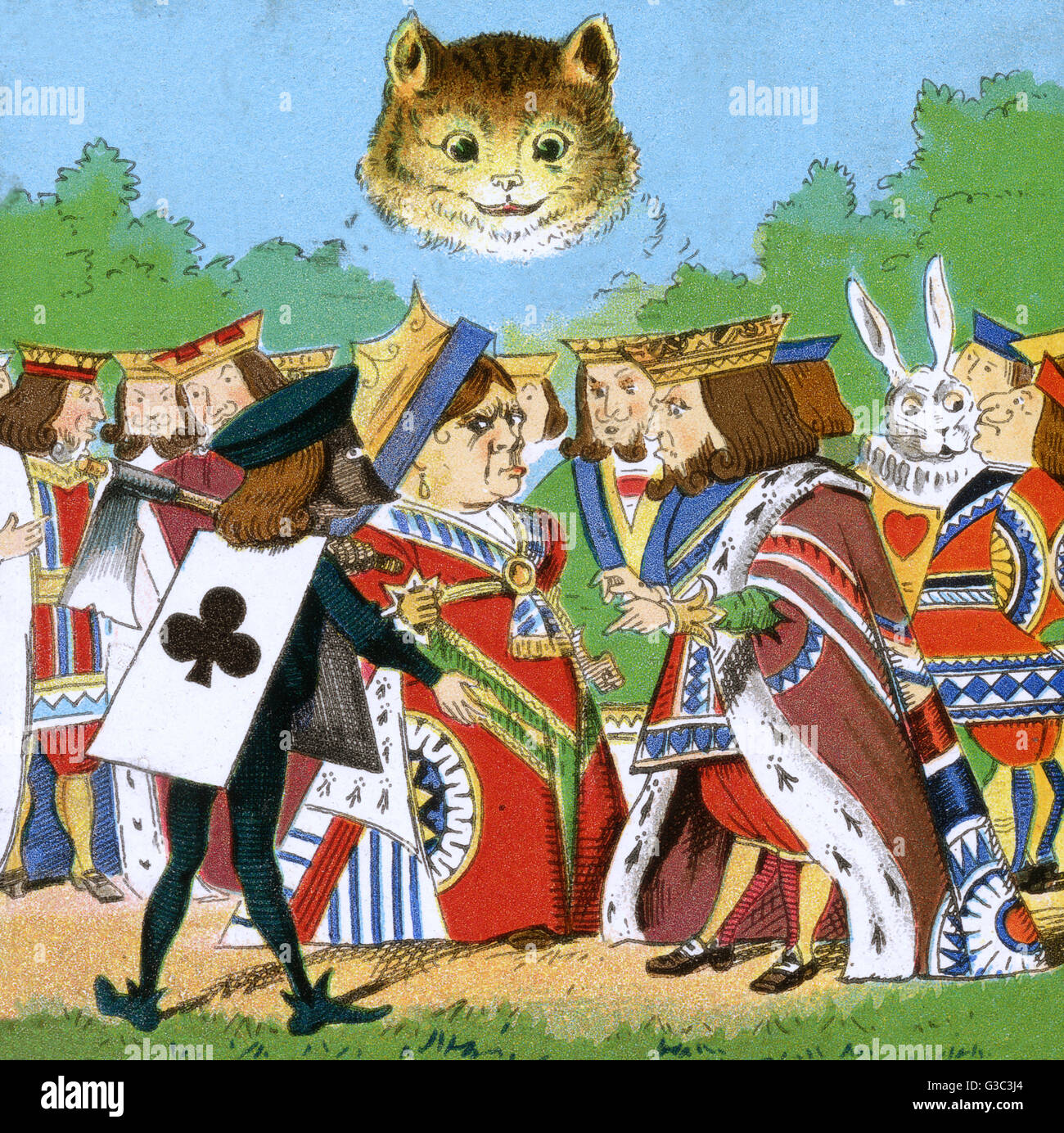 Alice nel paese delle meraviglie, carte da gioco e Cheshire Cat Foto Stock