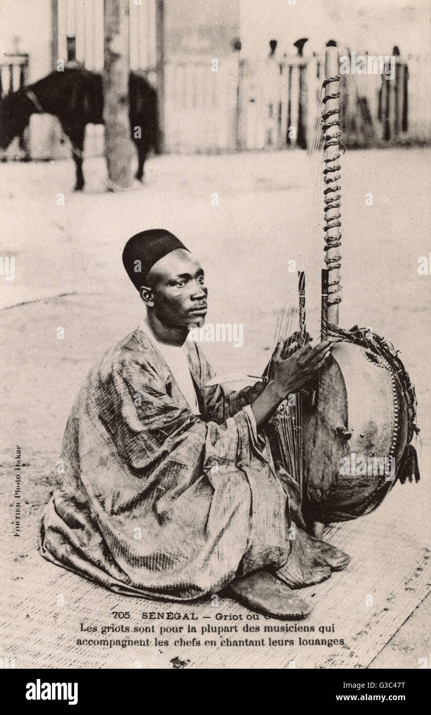 Senegal - Insediato Griot giocando una kora, a 21 corde arpa liuto che ha originato in Gambia River Valley con la Mandinko ma è uno dei più popolari strumenti in Senegal. Griots dalla maggior parte dei gruppi Mande in Senegal, Gambia, Mali, Guinea e Guinea b Foto Stock
