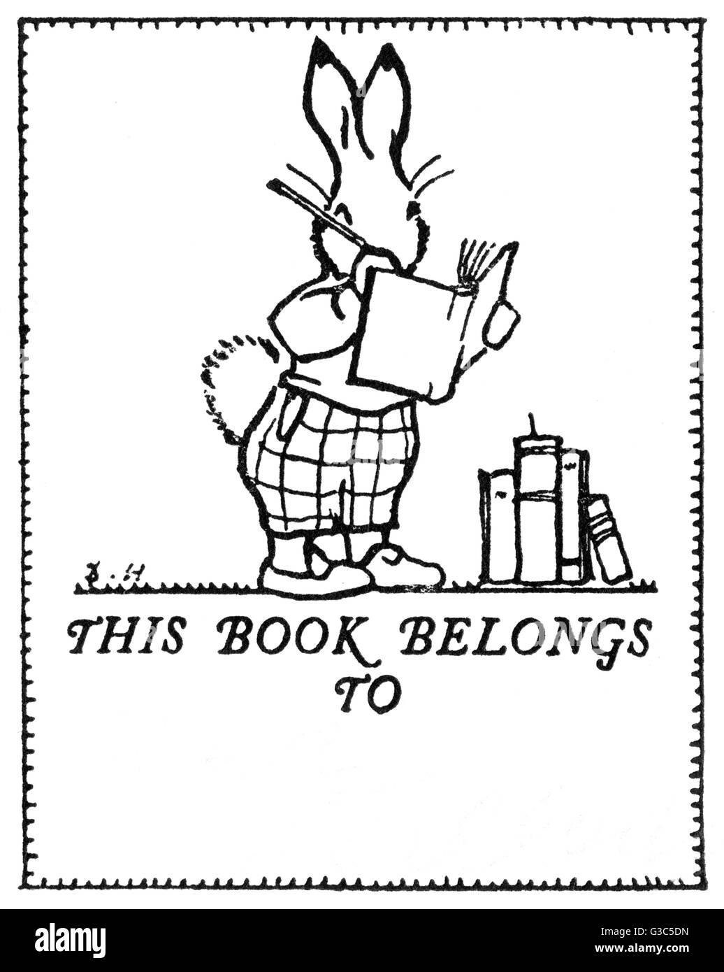 Bookplate design, coniglio e libri Foto Stock