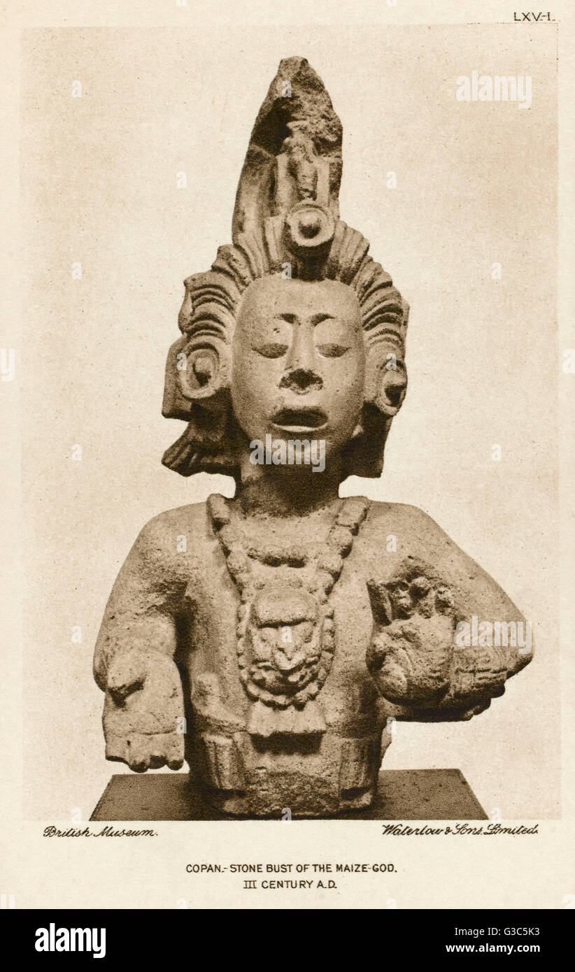 Copan, Honduras - Un busto di pietra del Dio del mais Foto Stock