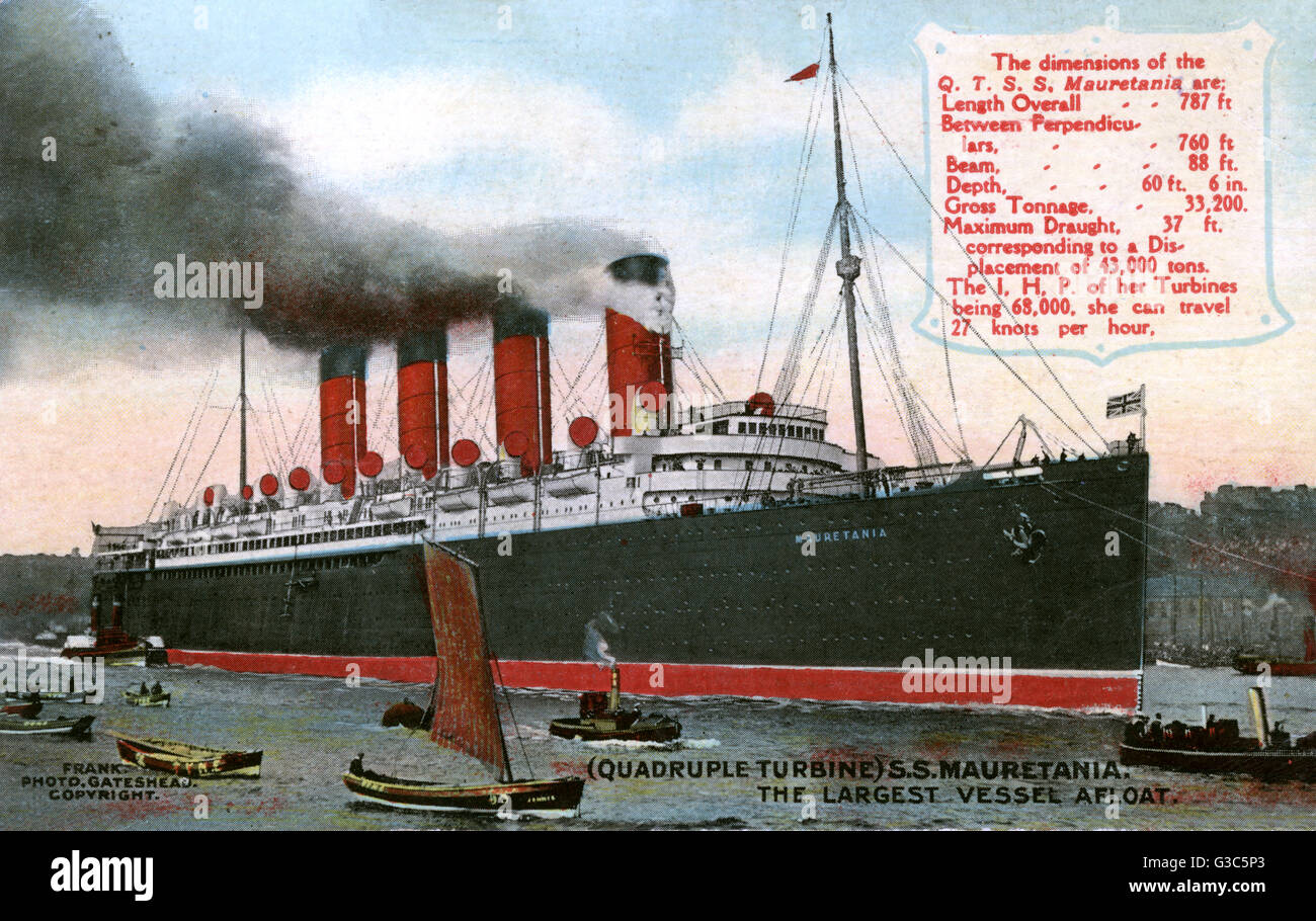 RMS MAURITANIA - nave passeggeri della Cunard White Star line, ha tenuto il Blue Riband per 21 anni ; ella è stata ritirata dal servizio e rotto nel 1935. Data: circa 1907 Foto Stock