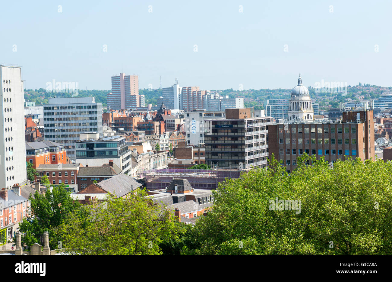 Vista sulla città di Nottingham dal tetto del castello di NOTTINGHAM, NOTTINGHAMSHIRE REGNO UNITO Inghilterra Foto Stock